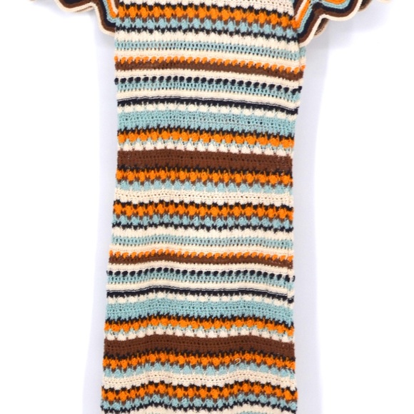 Zara Crochet Knit Maxi Dress Scallop Puff Sleeve Striped Blue Cream Women's S - Picture 4 of 8